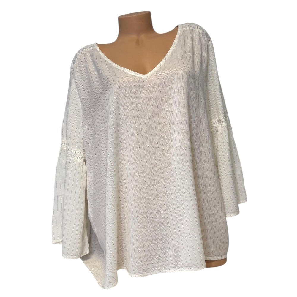 Old Navy Womens Plus Size XXL Gold Stripe V Neck Bell Sleeve‎ Blouse Shirt Top